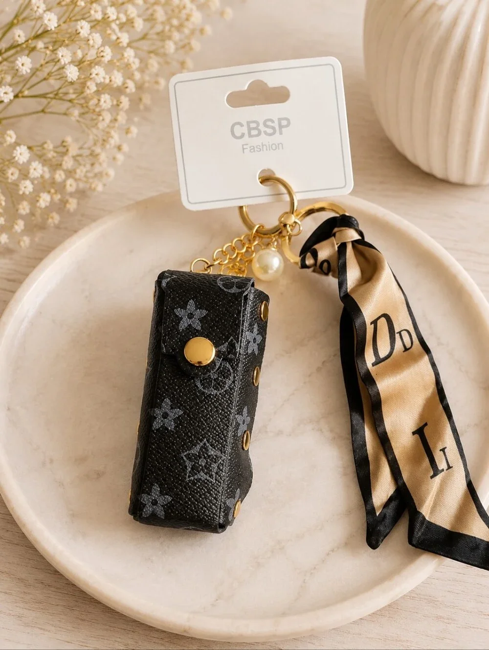 Black Patterned Keychain Lipstick Holder with Gold Hardware